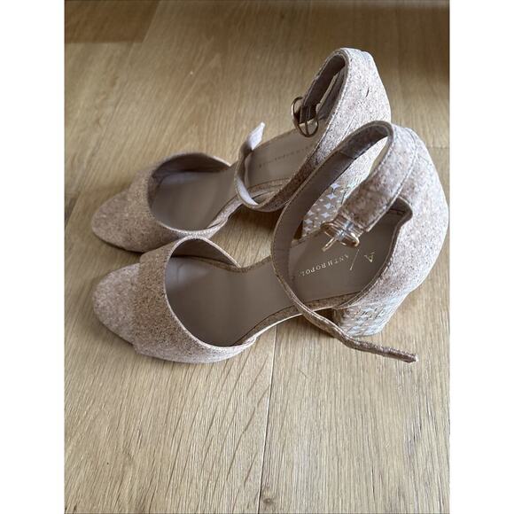 Anthropologie Printed Cork Block Heeled Peep Toe Ankle Strap Sandals Size 9.5M - Picture 1 of 5